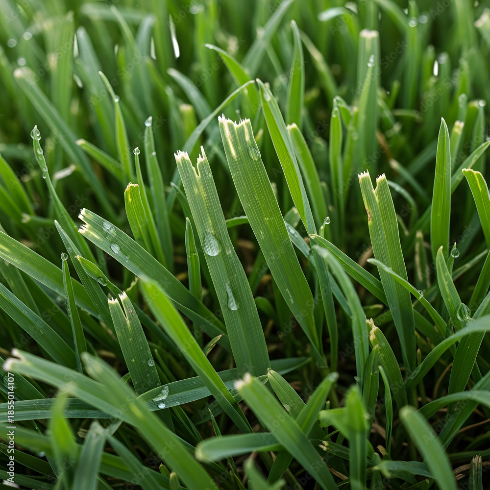 Fototapeta premium Dewy green grass in morning light isolated on white background, illustration