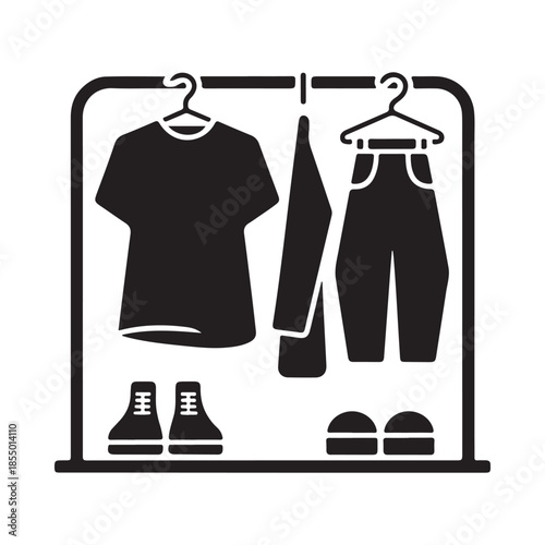 A simple wardrobe illustration featuring clothes shoes and hangers