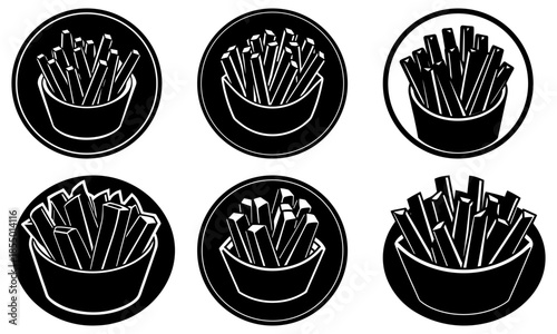 Six Bowls of French Fries in Circular Arrangement with Transparent Background