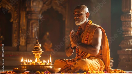 Elderly Hindu Monk Praying with Hands Clasped in Temple, Lit Oil Lamps