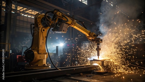 Robotic Arm Performing Industrial Welding with Sparks Flying in a Factory Setting