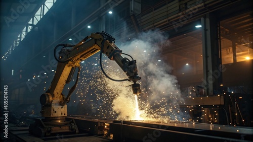 Industrial robot arm welding metal beam in a factory with sparks flying