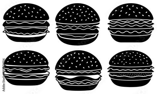 Six black and white hamburger with sesame seed buns on a transparent background sesame seeds patty