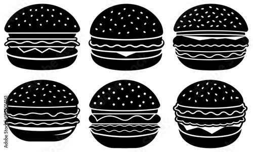 Six black and white hamburger silhouettes with sesame seeds on white background food