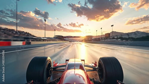Formula 1 Race Car Speeds Down Track at Sunset