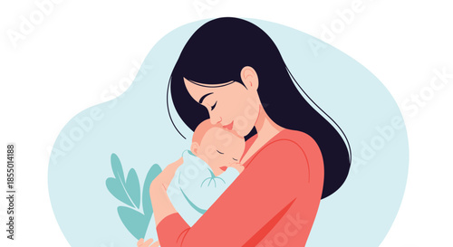 Loving young mother hugs and cuddles her sleeping newborn baby in a peaceful and tender moment at their home.