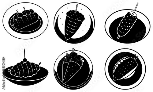 Six Different Types of Dumplings in Silhouette Style on White Background food