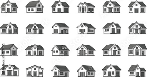 Collection of twenty four pixel houses in grayscale with black outlines home building