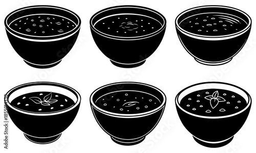 Six black bowls with different soup toppings on white background minimalist