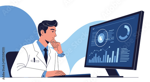 Intelligent scientist in a white lab coat thoughtfully examines complex data charts and graphs on a large computer screen.