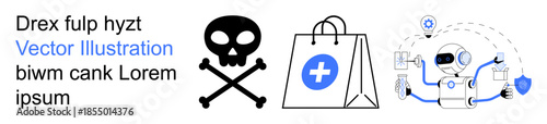 Cybersecurity, healthcare, artificial intelligence, ecommerce, security, automation. A skull, medical shopping bag and robot with floating icons. Cybersecurity and healthcare illustrated through