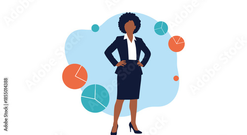 Proud African American businesswoman in a formal suit stands confidently surrounded by colorful pie charts and data icons.