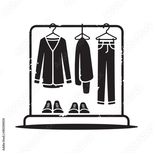 A simple black and white illustration of clothes on a hanging rack