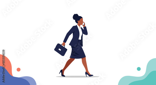 Busy African American businesswoman in a formal suit walks quickly while talking on her mobile phone and carrying a briefcase.