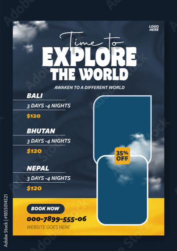 Time to Explore the World: Professional Travel Flyer and Social Media Kit,
Modern Travel Package Flyer & Social Media Post Design with 35% Discount.
Corporate Travel Agency Flyer and Square.