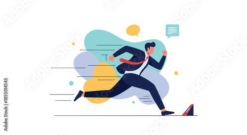 Motivated businessman in a formal suit runs fast toward his professional goals and success in a flat vector style.