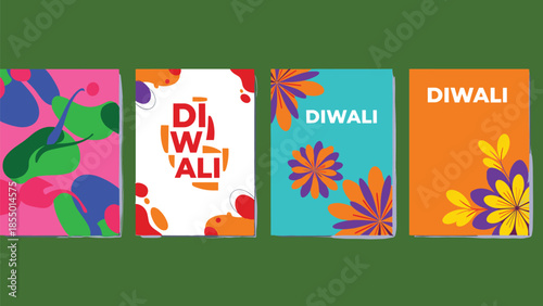 Four abstract cards with Diwali text and floral motifs festival celebration india
