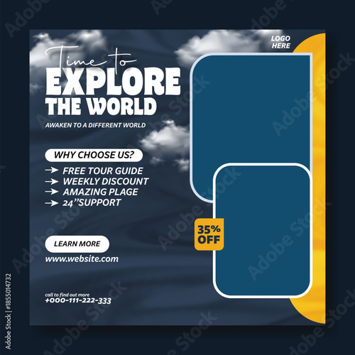 Time to Explore the World: Professional Travel Flyer and Social Media Kit,
Modern Travel Package Flyer & Social Media Post Design with 35% Discount.
Corporate Travel Agency Flyer and Square.
