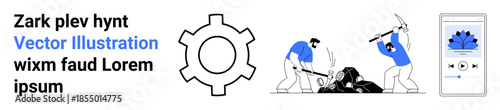 Gear symbol, workers mining rocks with pickaxes, and a mobile app interface. Ideal for concepts thumbs up technology, labor, teamwork, industry, productivity, resource management simple landing page