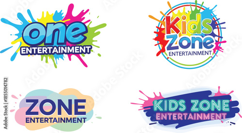Four colorful entertainment with paint splatters and text kids zone