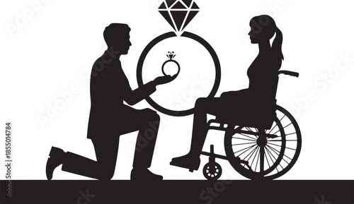 Inclusive love proposal silhouette, man kneeling with ring, woman in wheelchair, romantic vector illustration for relationship, commitment, accessibility, and emotion