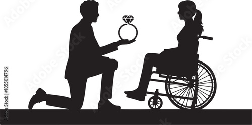 Inclusive love proposal silhouette, man kneeling with ring, woman in wheelchair, romantic vector illustration for relationship, commitment, accessibility, and emotion