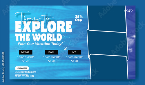 Time to Explore the World: Professional Travel Flyer and Social Media Kit,
Modern Travel Package Flyer & Social Media Post Design with 35% Discount.
Corporate Travel Agency Flyer and Square.