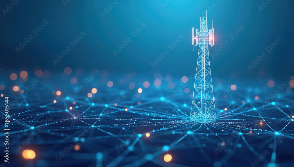 custom made wallpaper toronto digitalDigital telecommunication tower connects global network lines. Data transmission visualized with glowing points and lines, representing internet expansion and connectivity.