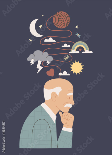 Mental Health Concept of Senior Man. Elderly Person Thinking with Tangled String of Emotions, Memories, and Life Experiences. Therapy and Emotions. Vector Illustration in Flat retro color. Not AI