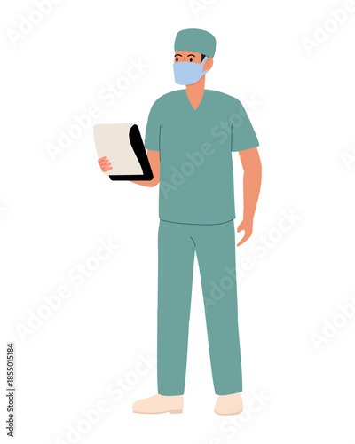 Doctor in green uniform holding clipboard. Flat vector illustration with doctor in protective mask from Professions collection