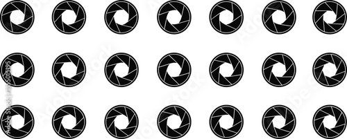 Pattern of black camera aperture blades on a white background camera lens diaphragm