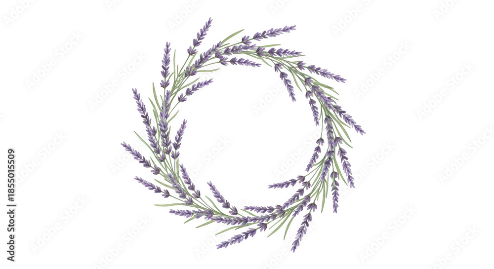 Obraz premium Lavender sprigs arranged in a circular wreath on a black background circle floral