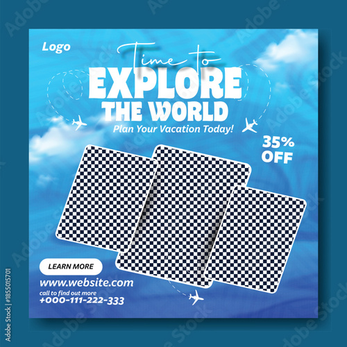 Time to Explore the World: Professional Travel Flyer and Social Media Kit,
Modern Travel Package Flyer & Social Media Post Design with 35% Discount.
Corporate Travel Agency Flyer and Square.