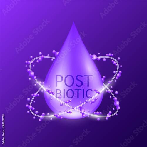 Purple postbiotics water drop surrounded by microbe bacterial good on dark background. For products design supplement. Food digestion inintestine. 3D vector.