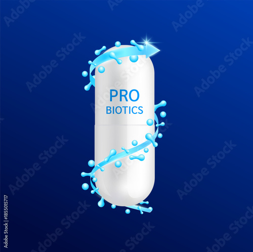 Probiotics pill living microflora. Capsule drug white surrounded by arrow and blue good gut bacteria on dark background. For products design supplement food digestion. 3D vector.