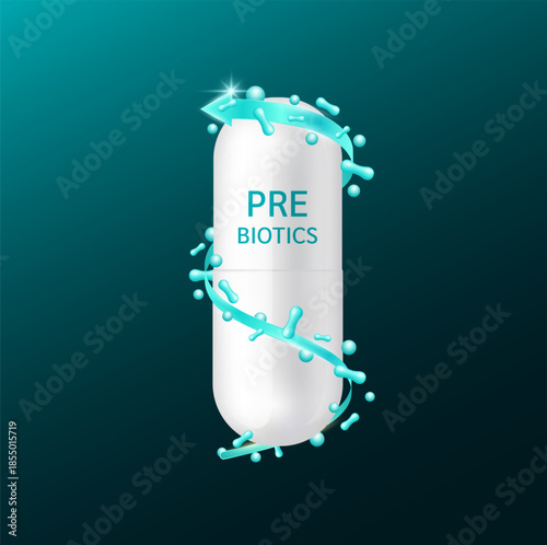 Probiotics pill living microflora. Capsule drug white surrounded by arrow and blue good gut bacteria on dark background. For products design supplement food digestion. 3D vector.