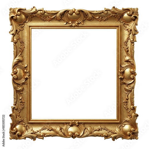 Ornate golden square picture frame with baroque scrollwork on black background image