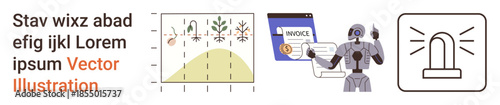 Business automation, AI, invoice processing, financial data, digital alerts, technology innovation. Graphic set charts, robot processing invoices and alert icon. Business automation and invoice