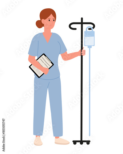Nurse holding clipboard and stand with IV bag. Flat vector Color illustration from Profession series