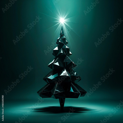 Luxury Abstract Black Crystal Christmas Tree with Shining Star Light, Futuristic Minimal Holiday Design Concept in Dark Green Atmosphere