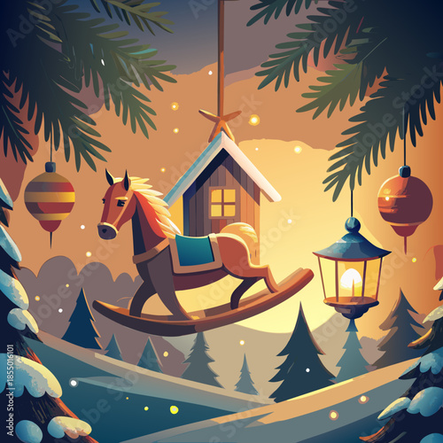 Rocking horse ornament hanging on a pine tree branch with blurry candlelight and a ceramic house in the warm festive background, evoking holiday nostalgia .