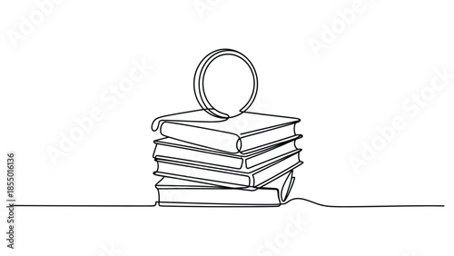 One line continuous drawing of stack of books with magnifying glass symbolizing education, research, learning, knowledge and academic study concept