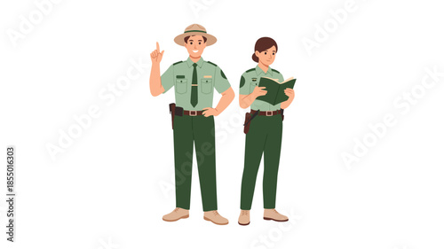 Illustration of male and female forest rangers standing together with map and binoculars, outdoor nature conservation and park management concept