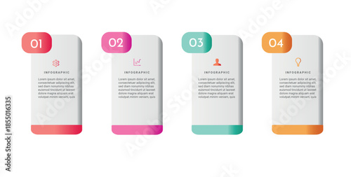 Infographic 4 steps with numbered rounded cards and icons. Process diagram for workflow and presentation.