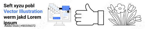 Business analytics, user interface design, approval concept, nature icons, spring theme, graphic design. A monitor showing a dashboard, a thumbs-up hand and flower illustration. Business analytics