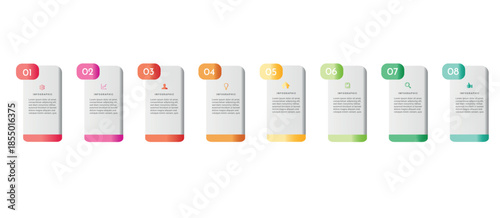 Infographic 8 steps with numbered rounded cards and icons. Process diagram for workflow and presentation.