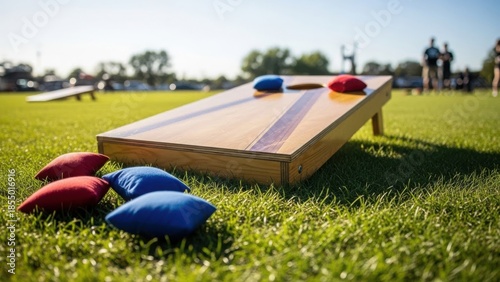 A wooden cornhole board with red and blue bean bags on a green lawn. Outdoor summer lawn game activity on a sunny day. Recreation and leisure concept