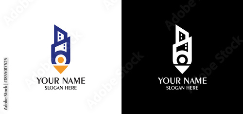 Modern Abstract Logo Design Featuring Blue Building Shape and  Marker Symbol for Branding Identity