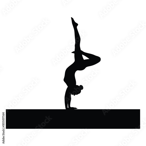 Black silhouette of a gymnast performing a handstand on a beam gymnastics black and white