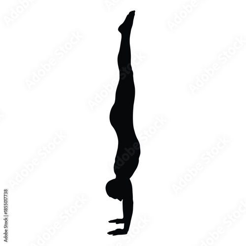 Black silhouette of a person performing a handstand on a white background human male